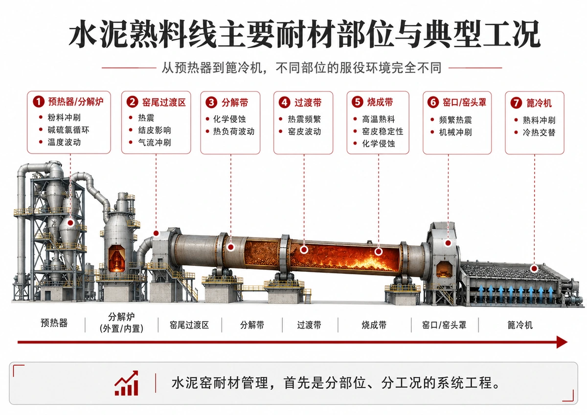 图1｜水泥熟料线主要耐材部位与典型工况